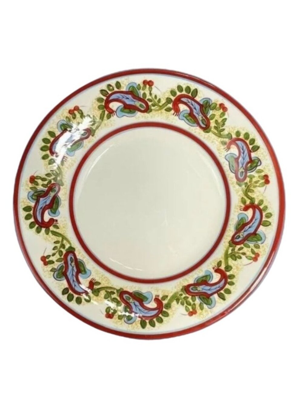 Pottery Barn Dinner Plate Bowl Sausalito Paisley 12.5 Pasta Cream Red Green